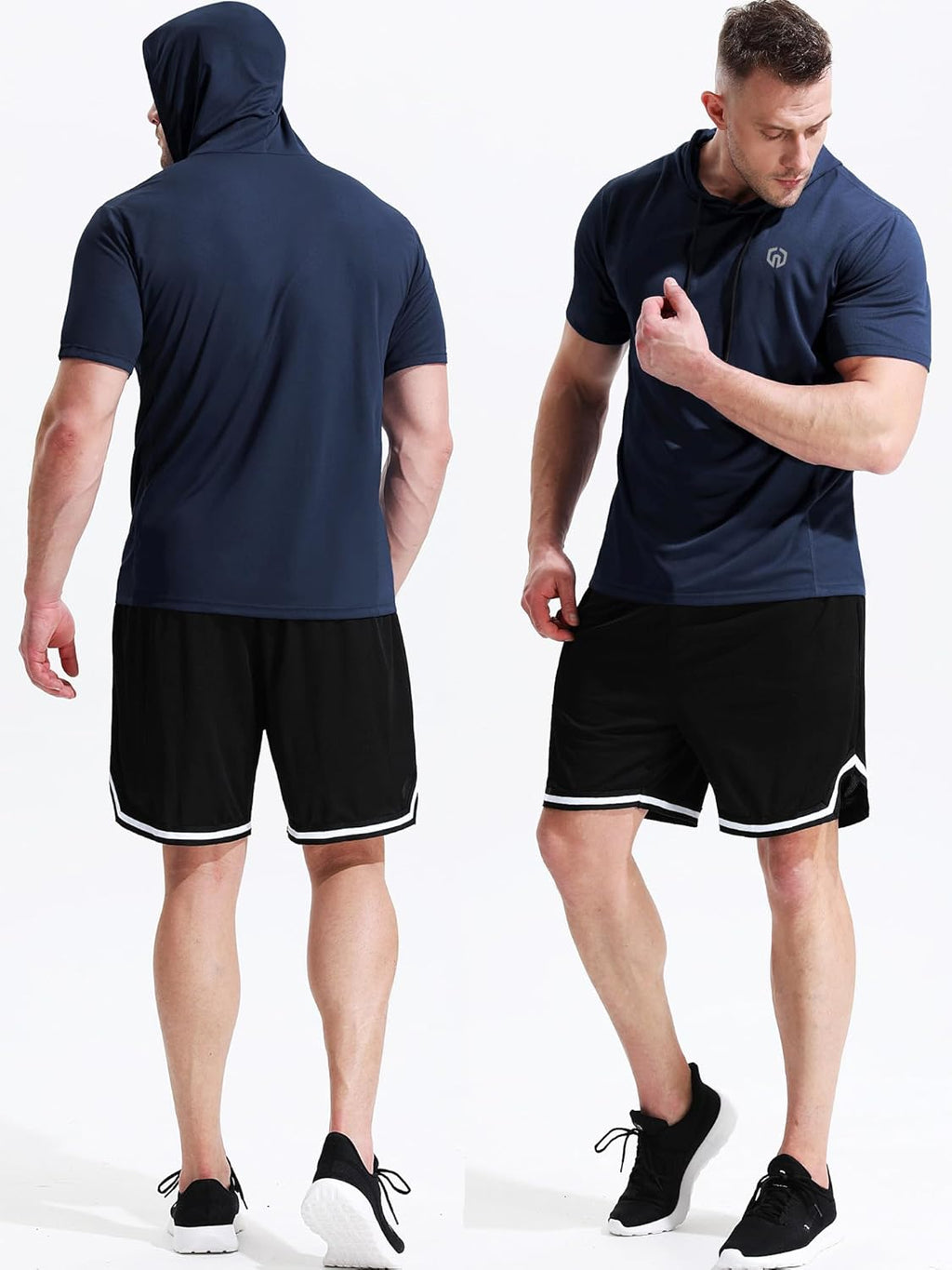 Men'S Running Shirt Mesh Workout Athletic Shirts with Hoods,5084,2 Pack,Red/Navy Blue,Us L,EU XL